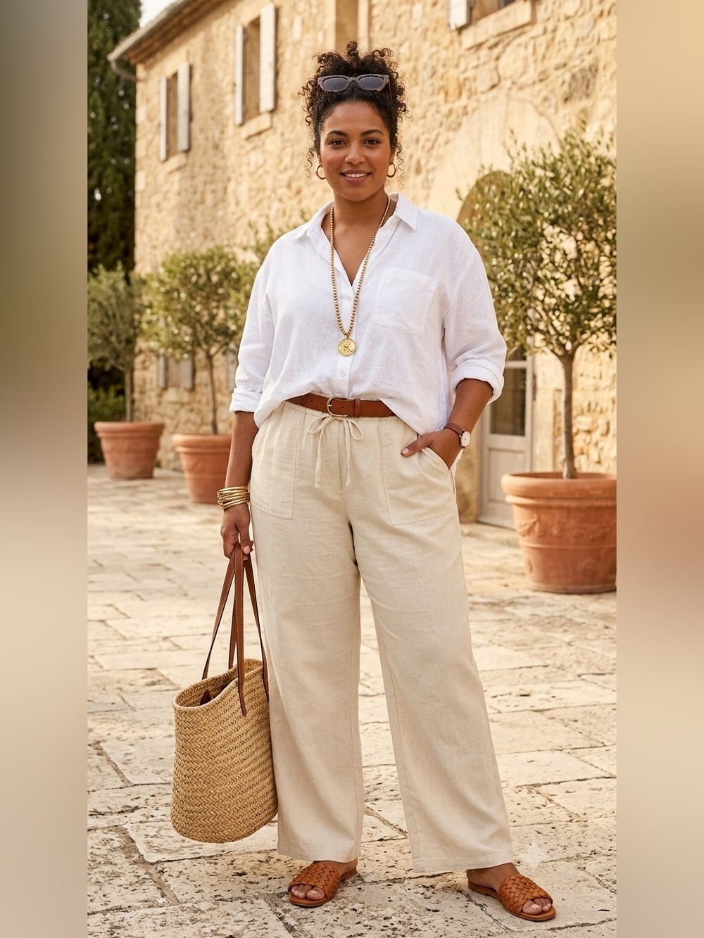 Linen Blend Relaxed Drawstring Wide-Leg Pants in Natural L